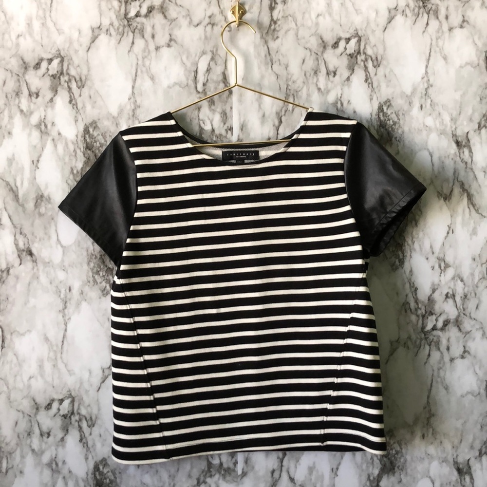 Black and White Striped Top faux leather sleeves